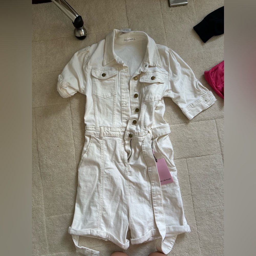 T.J.Maxx white denim romper with short sleeves.